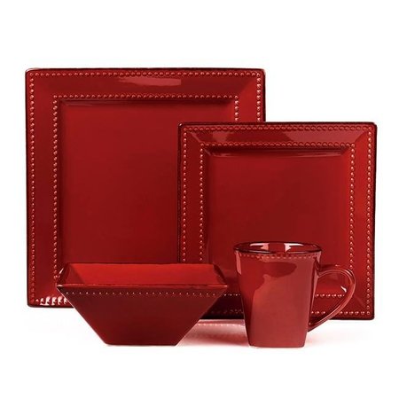 LORENZO IMPORT Lorenzo Import LH505 16 Piece Square Beaded Stoneware Dinnerware Set; Red LH505